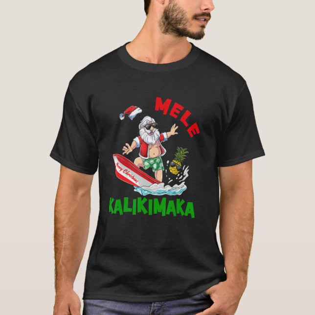 Mele Kalikimaka Hawaiian Christmas Santa Surfing P T-Shirt (Front)