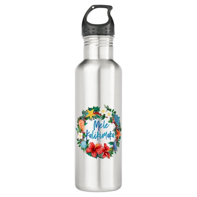 Mele Kalikimaka Hawaiian Christmas Wreath 710 Ml Water Bottle (Front)