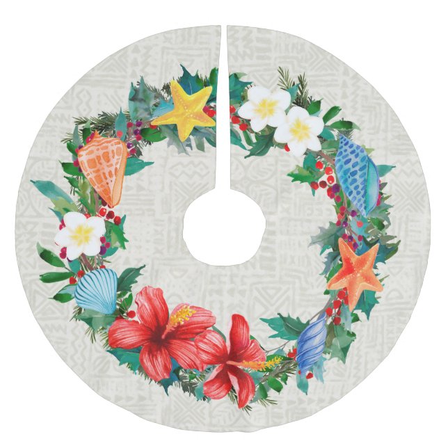 Mele Kalikimaka Hawaiian Christmas Wreath Brushed Polyester Tree Skirt (Front)