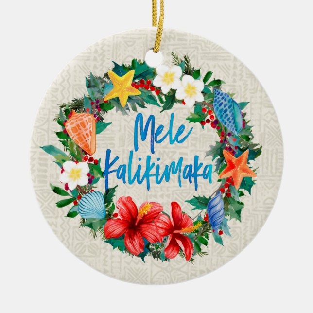 Mele Kalikimaka Hawaiian Christmas Wreath Ceramic Tree Decoration (Front)