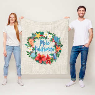 Mele Kalikimaka Hawaiian Christmas Wreath Fleece Blanket