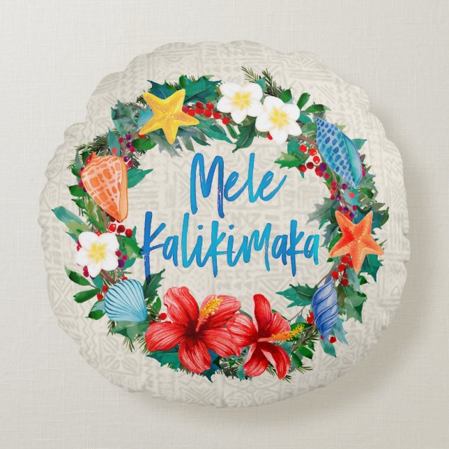 Mele Kalikimaka Hawaiian Christmas Wreath Round Cushion (Front)