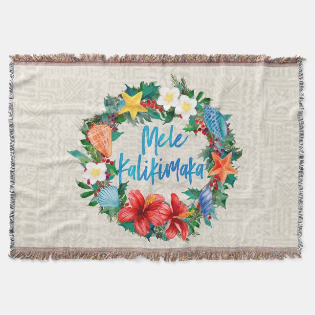 Mele Kalikimaka Hawaiian Christmas Wreath Throw Blanket (Front)