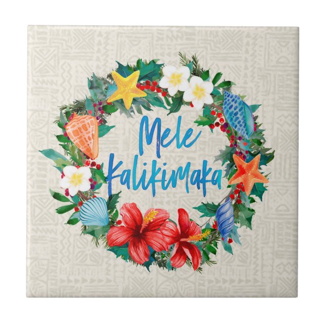 Mele Kalikimaka Hawaiian Christmas Wreath Tile (Front)