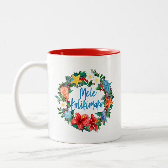 Mele Kalikimaka Hawaiian Christmas Wreath Two-Tone Coffee Mug (Left)
