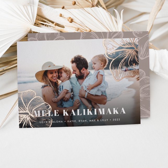 Mele Kalikimaka | Hawaiian Floral Photo Foil Holiday Card (Creator Uploaded)