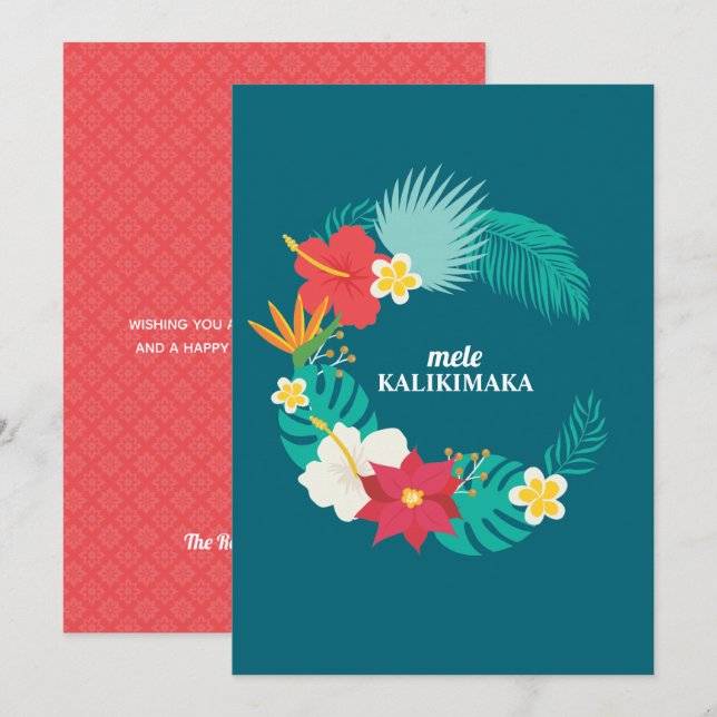 Mele Kalikimaka Hawaiian Floral Wreath Flat Card (Front/Back)