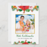 Mele Kalikimaka Hawaiian Hibiscus Christmas Photo Holiday Card<br><div class="desc">This fun, colourful, modern holiday card design features lush tropical beach foliage including palm fronds and monstera philodendron leaves, along with bright, beautiful red, white and gold hibiscus flowers, at the top and bottom. In the middle is a customisable gold-edged square photo that you can replace with your own. Below...</div>