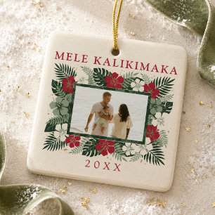 Mele Kalikimaka Hawaiian Hibiscus Family Photo Ceramic Ornament
