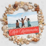 Mele Kalikimaka Hawaiian Holiday Red Photo Card<br><div class="desc">This Hawaiian holiday photo card features white retro inspired script that says "Mele Kalikimaka" over a horizontal photo. On the back is a simple red and white diagonal stripe pattern. You can remove the pattern and add another photo or additional text...  Just click "customise further" in the drop-down menu.</div>
