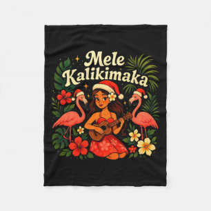 Mele Kalikimaka Hawaiian Hula Girl Christmas Troca Fleece Blanket