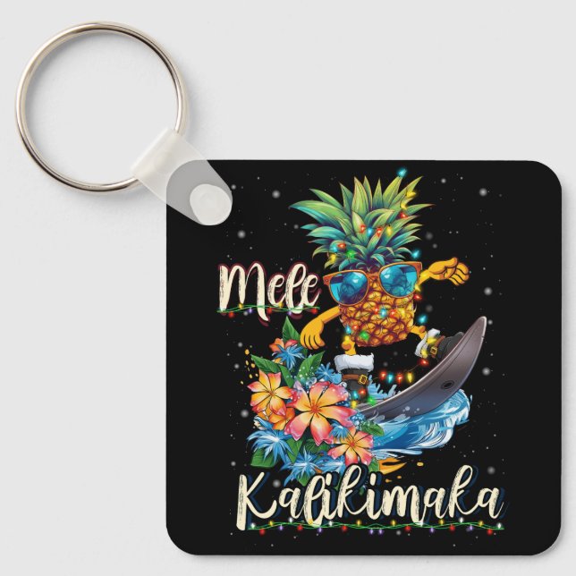 Mele Kalikimaka Hawaiian Pineapple Surfing Ridding Key Ring (Front)
