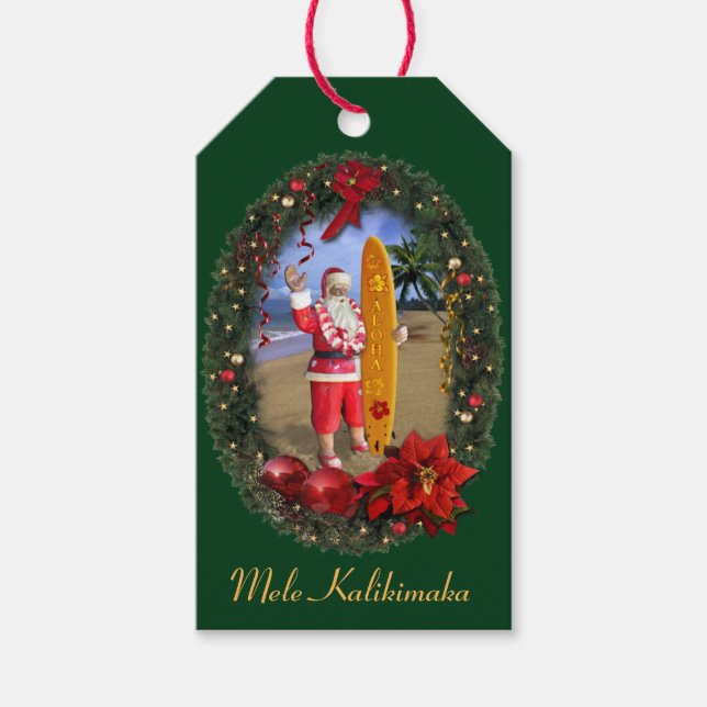 Mele Kalikimaka Hawaiian Santa Gift Tags (Front)