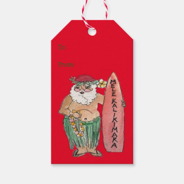 Mele Kalikimaka Hawaiian Santa Gift Tags (Front)