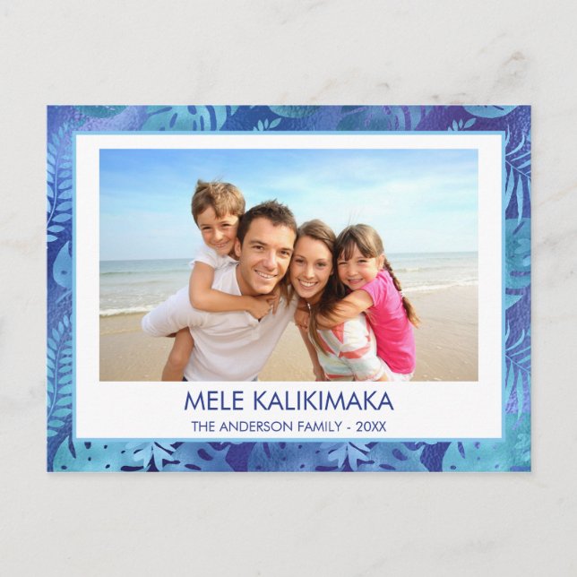MELE KALIKIMAKA HAWAIIAN TROPICAL BLUE PHOTO HOLIDAY POSTCARD (Front)