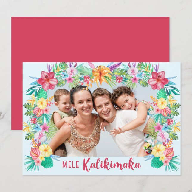 Mele Kalikimaka Hawaiian Tropical Flowers Photo Holiday Card (Front/Back)