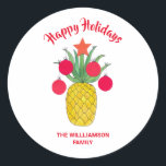 Mele Kalikimaka Holiday Pineapple Christmas Classic Round Sticker<br><div class="desc">These fun stickers are decorated with a charming watercolor of a pineapple decorated like a Christmas Tree!
i red,  green and yellow they are modern and bright.
Customise them with your name  and change the words Happy Holiday if you wish..</div>
