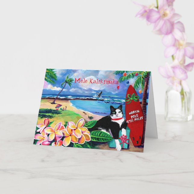 Mele Kalikimaka Kitty at Poipu Beach Holiday Card (Orchid)