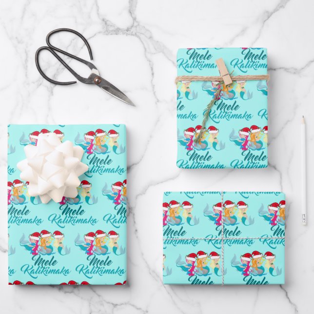 Mele Kalikimaka Mermaid Cute Teal Beach Christmas Wrapping Paper Sheet (Front)