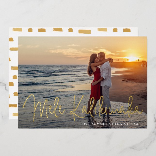 Mele Kalikimaka Modern Script Photo Christmas Foil Holiday Card (Front/Back)