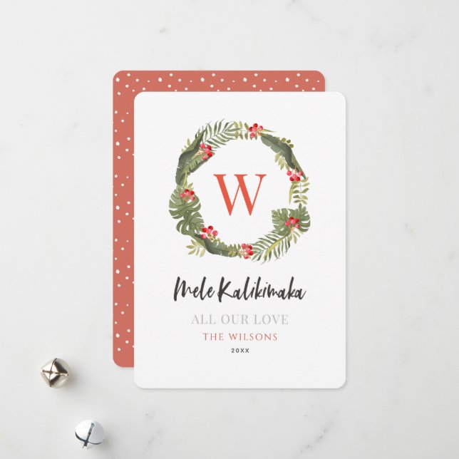 Mele Kalikimaka Monogram Tropical Wreath Holiday Card (Front/Back In Situ)