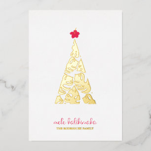 Mele Kalikimaka Monstera Leaf Hibiscus Foil Holiday Card