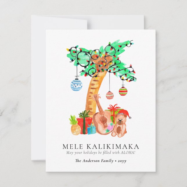 Mele Kalikimaka Palm Guitar Hawaiian Christmas Holiday Card (Front)