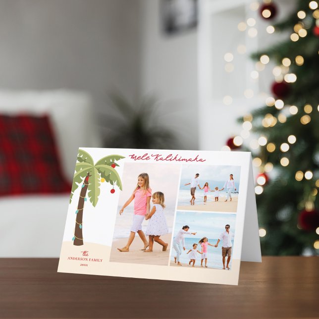 Mele Kalikimaka Palm Tree 3 Photo Christmas Holiday Card (Creator Uploaded)