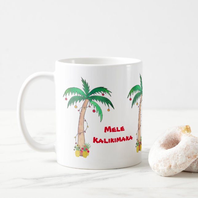 Mele Kalikimaka Palm Tree Pineapple Christmas Coffee Mug (With Donut)
