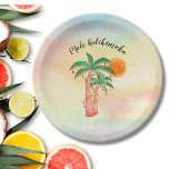 Mele Kalikimaka Palm Trees Paper Plate<br><div class="desc">These island style paper plates feature hand drawn palm trees decorated with lights on a watercolor background.
Because we create our own artwork you won't find this exact image from other designers.
Original Watercolor © Michele Davies.</div>