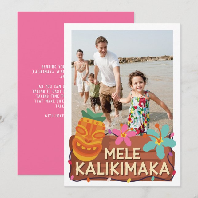 Mele Kalikimaka Photo Hawaiian Tiki Christmas Card (Front/Back)