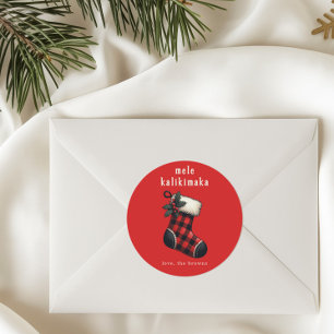 Mele Kalikimaka Red & Black Plaid Stocking Holiday Classic Round Sticker