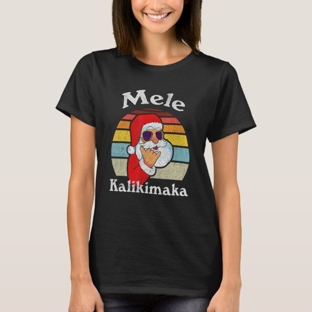 Mele Kalikimaka Retro Christmas Santa Shaka Hawaii T-Shirt (Front)