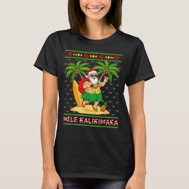 Mele Kalikimaka Retro Santa Shaka Hawaii Ugly Chri T-Shirt (Front)