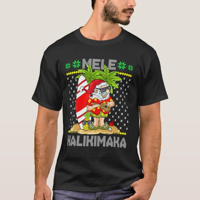 Mele Kalikimaka Santa Claus Surfer Guitar Hawaiian T-Shirt (Front)