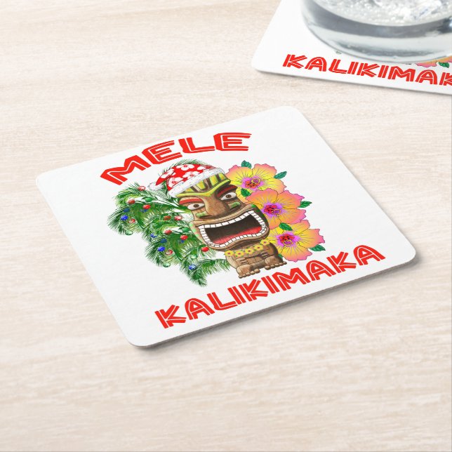 Mele Kalikimaka Santa Claus Tiki Square Paper Coaster (Angled)