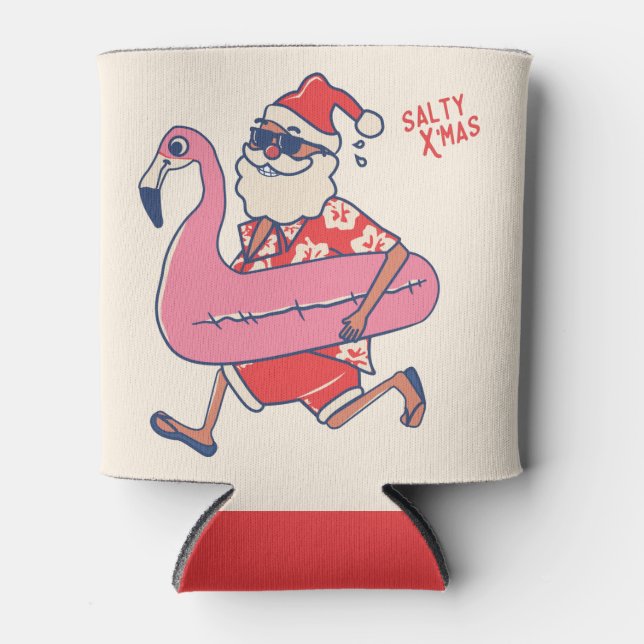 Mele Kalikimaka Santa Flamingo Christmas Getaways Can Cooler (Front)