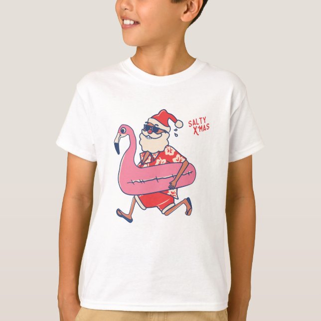 Mele Kalikimaka Santa Flamingo Christmas Getaways T-Shirt (Front)