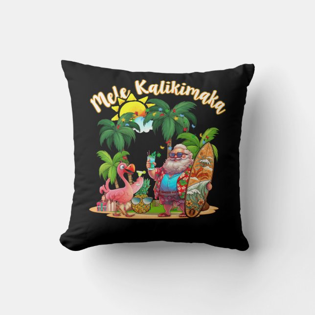 Mele Kalikimaka Santa Flamingo Tropical Christmas  Cushion (Front)