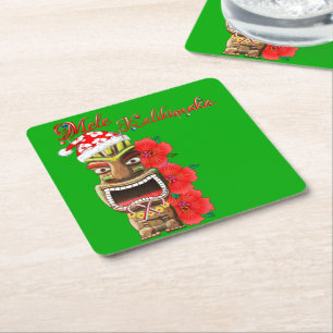 Mele Kalikimaka Santa Tiki Square Paper Coaster