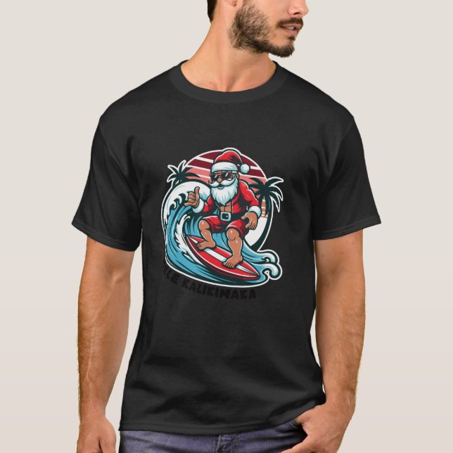 Mele Kalikimaka Surfing Santa Hawaiian Shaka Chris T-Shirt (Front)