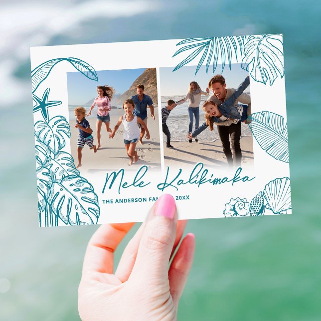 Mele Kalikimaka Teal Two Photo Christmas Holiday Card (Creator Uploaded)