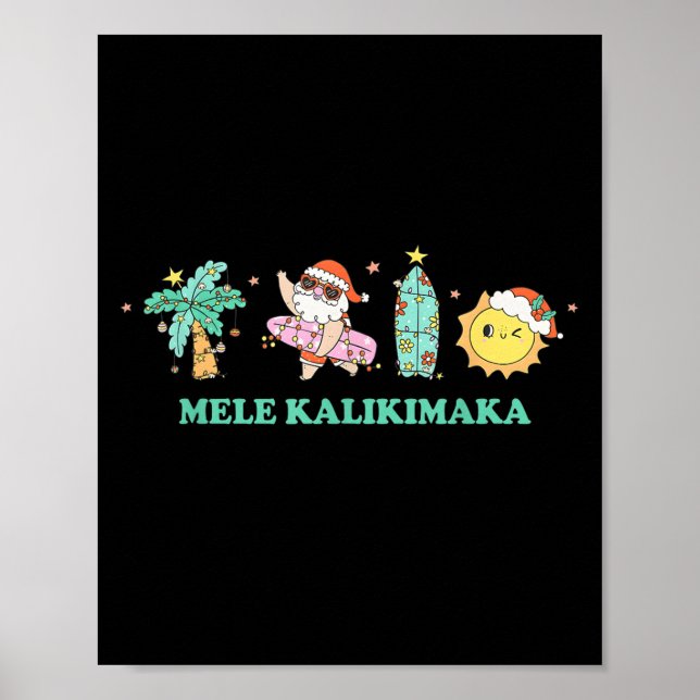 Mele Kalikimaka Trocal Palm Tree Santa Surfing Haw Poster (Front)