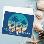 Mele Kalikimaka Tropical Beach Sunset Christmas Holiday Postcard<br><div class="desc">This cute Hawaiian Christmas postcard features a tropical beach sunset on a cool blue background with a drawing of coastal palm trees against a seaside sunset. Personalise with your name in white script under Mele Kalikimaka in cursive typography on these pretty non-photo family holiday postcards.</div>