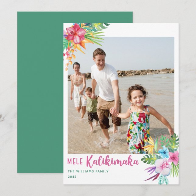 Mele Kalikimaka Tropical Flower Photo Holiday Card (Front/Back)