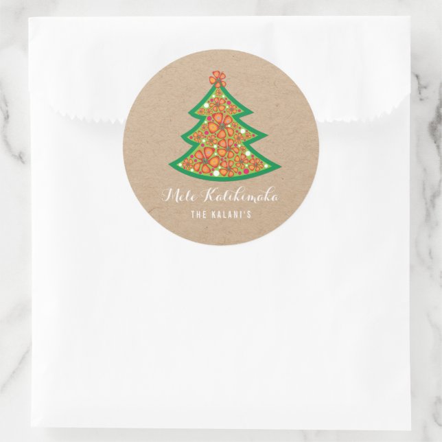 Mele Kalikimaka Tropical Hibiscus Christmas Tree Classic Round Sticker (Bag)
