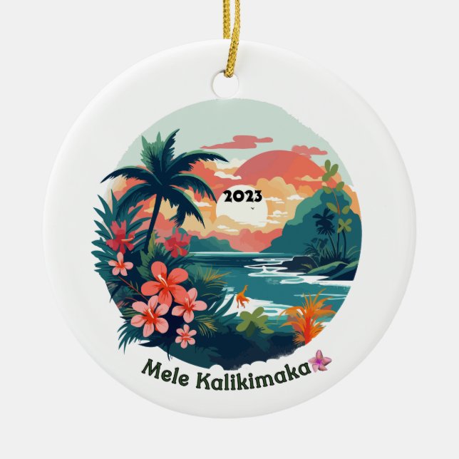 Mele Kalikimaka Tropical Island 2023  Label Ceramic Tree Decoration (Front)