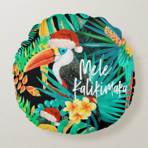 Mele Kalikimaka Tropical Jungle Birds Round Cushion