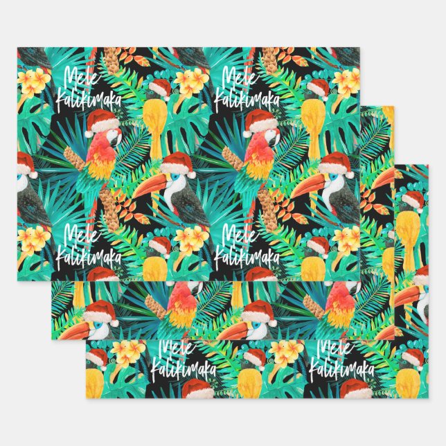 Mele Kalikimaka Tropical Jungle Birds Wrapping Paper Sheet (Set)