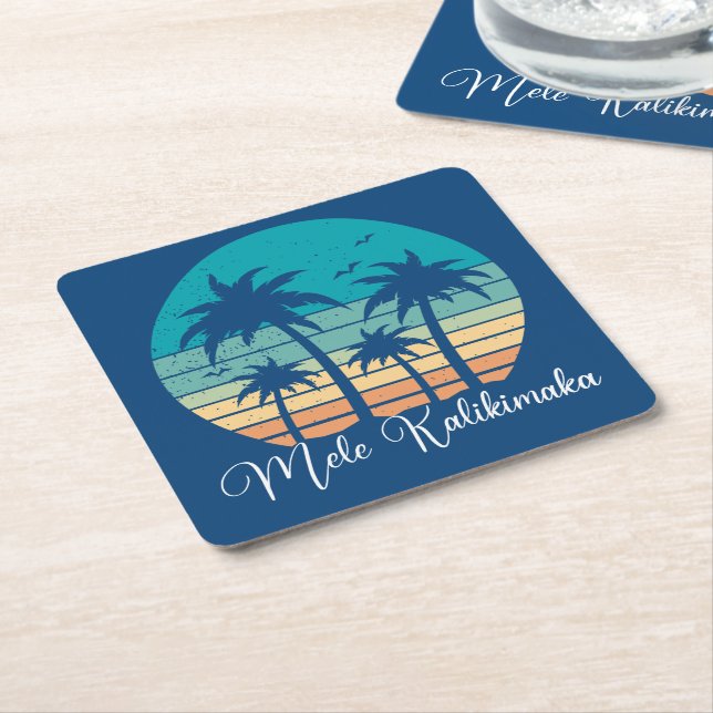 Mele Kalikimaka Tropical Sunset Christmas Party Square Paper Coaster (Angled)
